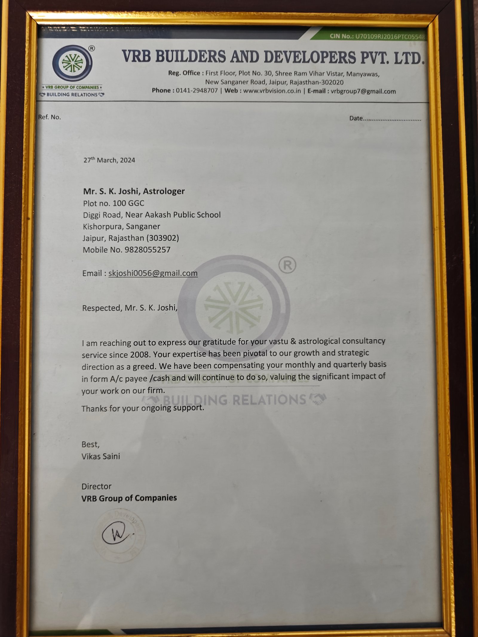 Appreciation letter from VRB Builders and Developers Pvt. Ltd. for Vastu and astrological consultancy